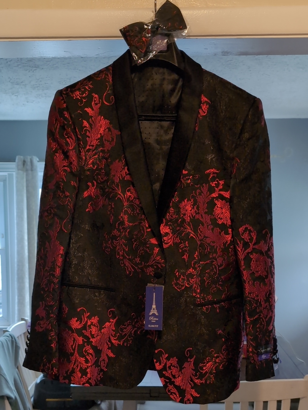 NWT Retro Paris Men's Slim Fit Red Black Floral Jacquard Tuxedo Blazer W/Bow Tie